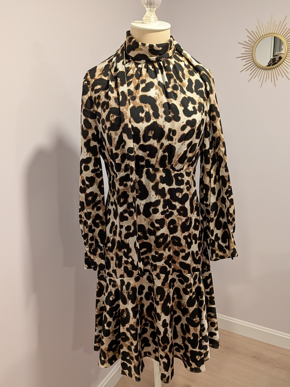 Eliza J Leopard Print High-Neck Dress w/ Scarf | Mob Wife Chic, Boss Babe Euro
